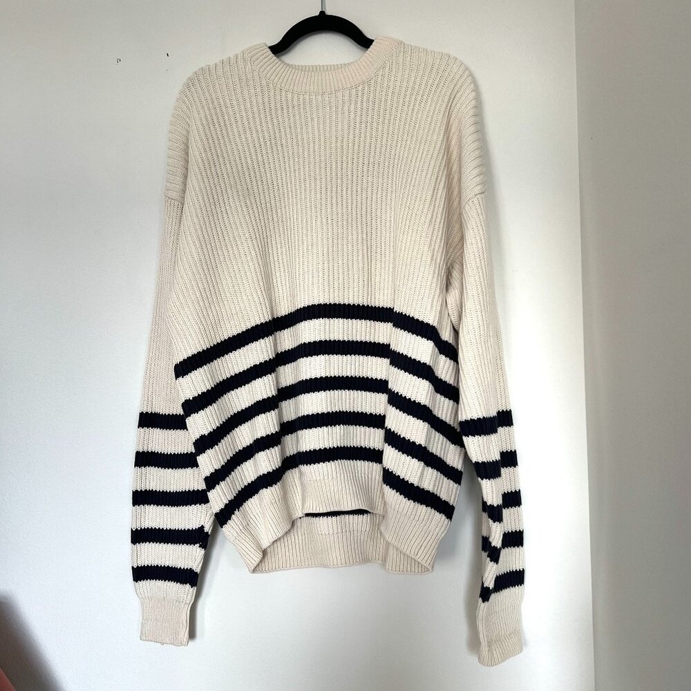 Abercrombie & Fitch Cream and Black Striped Ribbed Crewneck Sweater